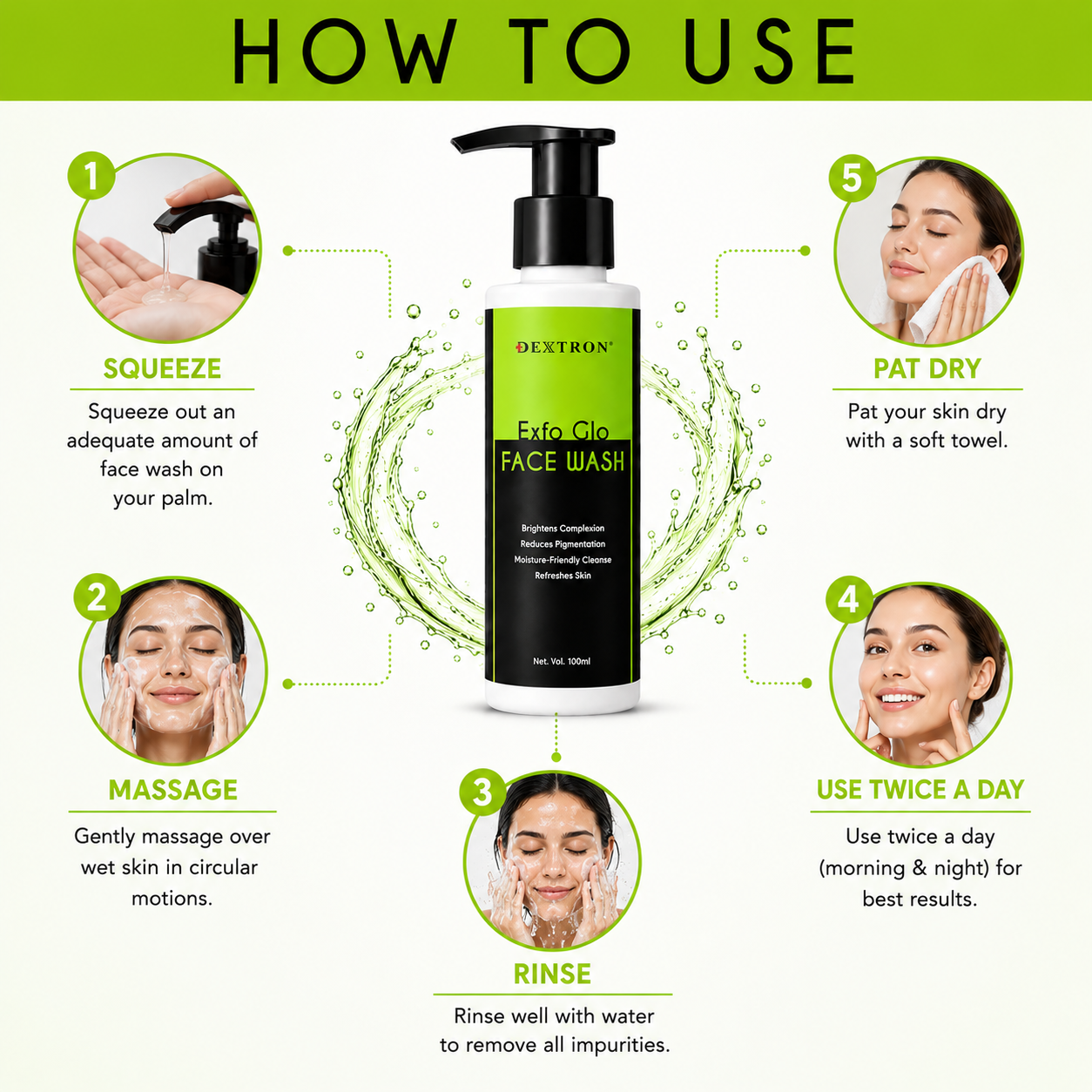 DEXTRON Exfo Glo Face Wash | Brightening & Gentle Exfoliating Cleanser | Reduces Pigmentation & Refreshes Skin | 100ml