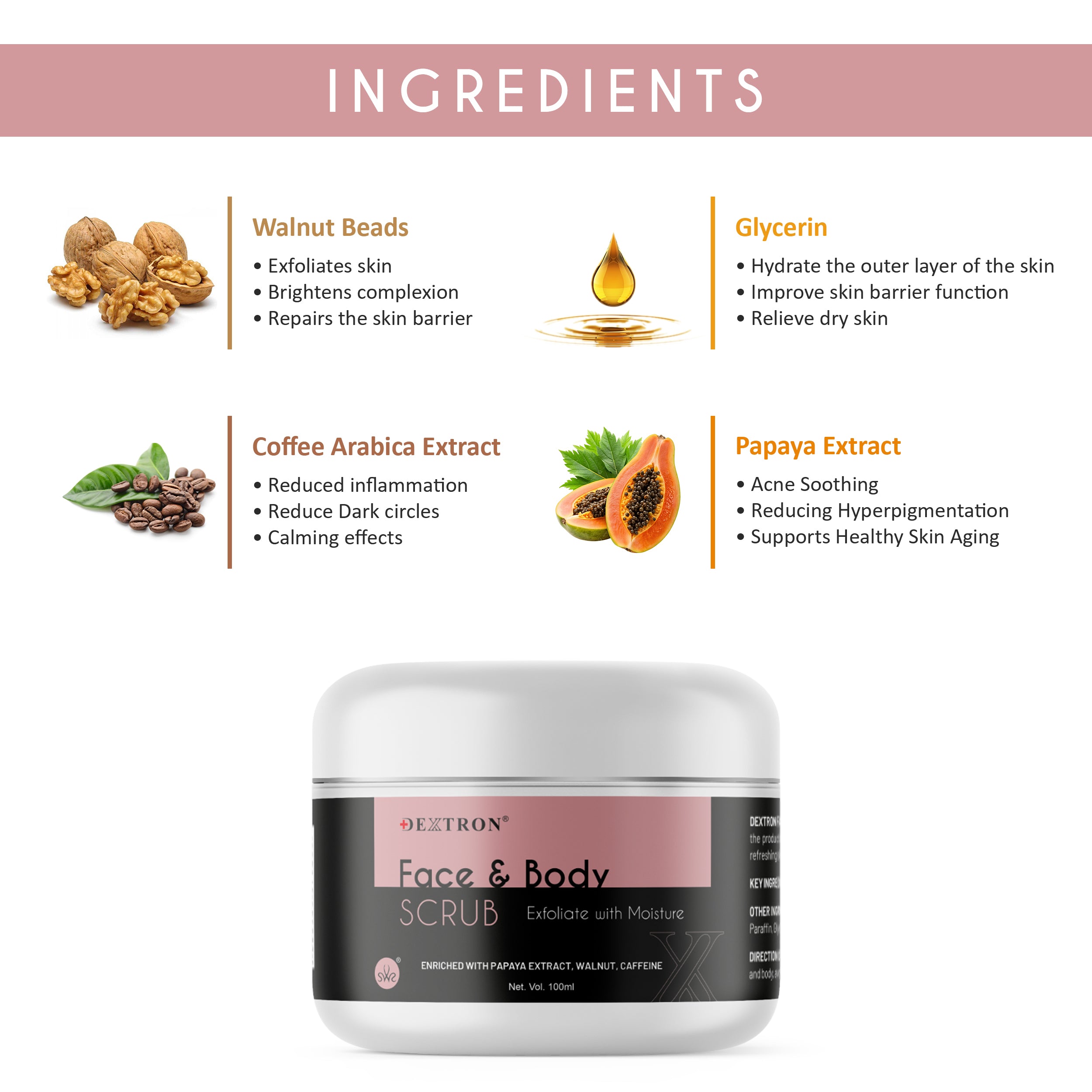 Dextron Face & Body Scrub – Exfoliate with Moisture | Papaya, Walnut & Caffeine | 100 Gm