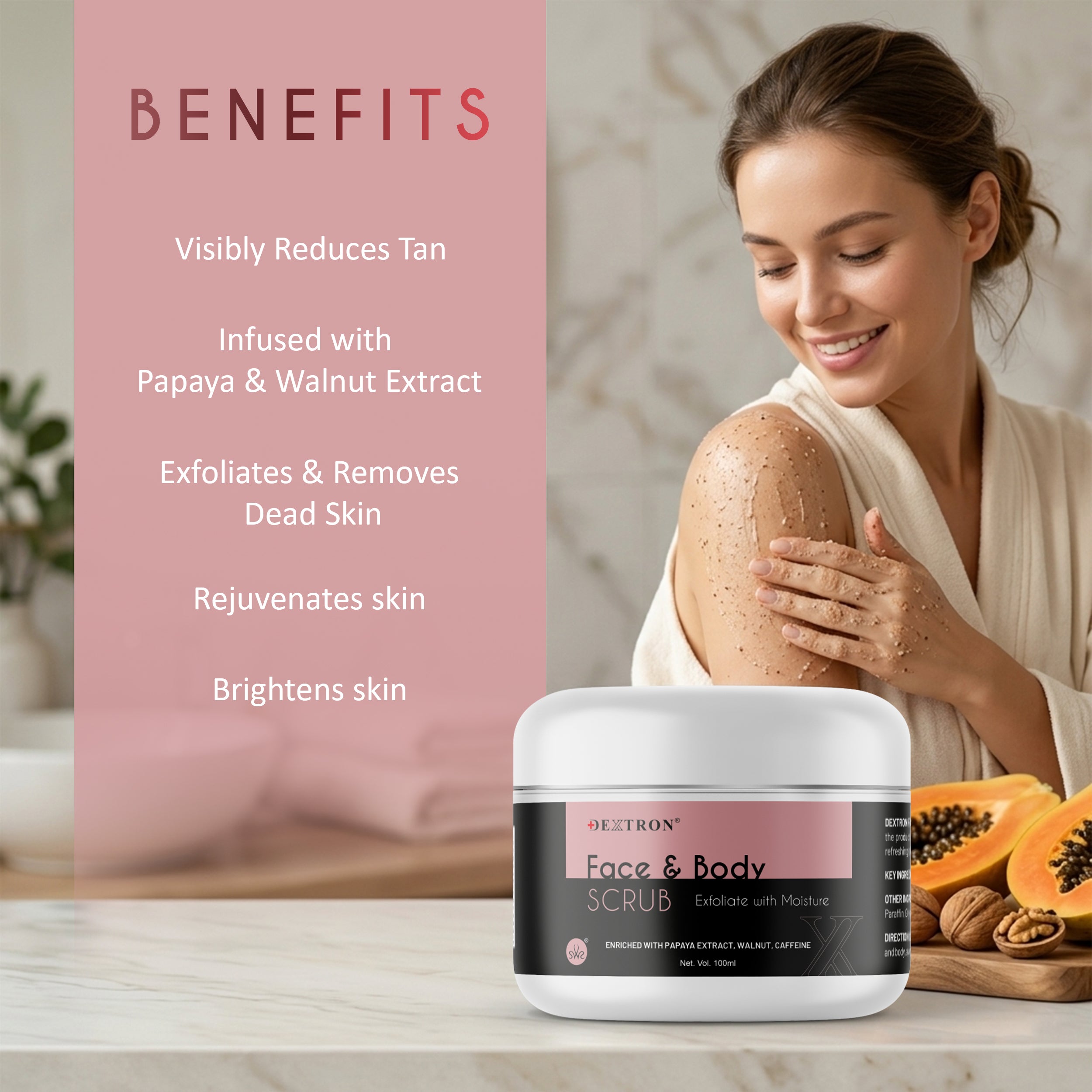 Dextron Face & Body Scrub โ Exfoliate with Moisture | Papaya, Walnut & Caffeine | 100 Gm