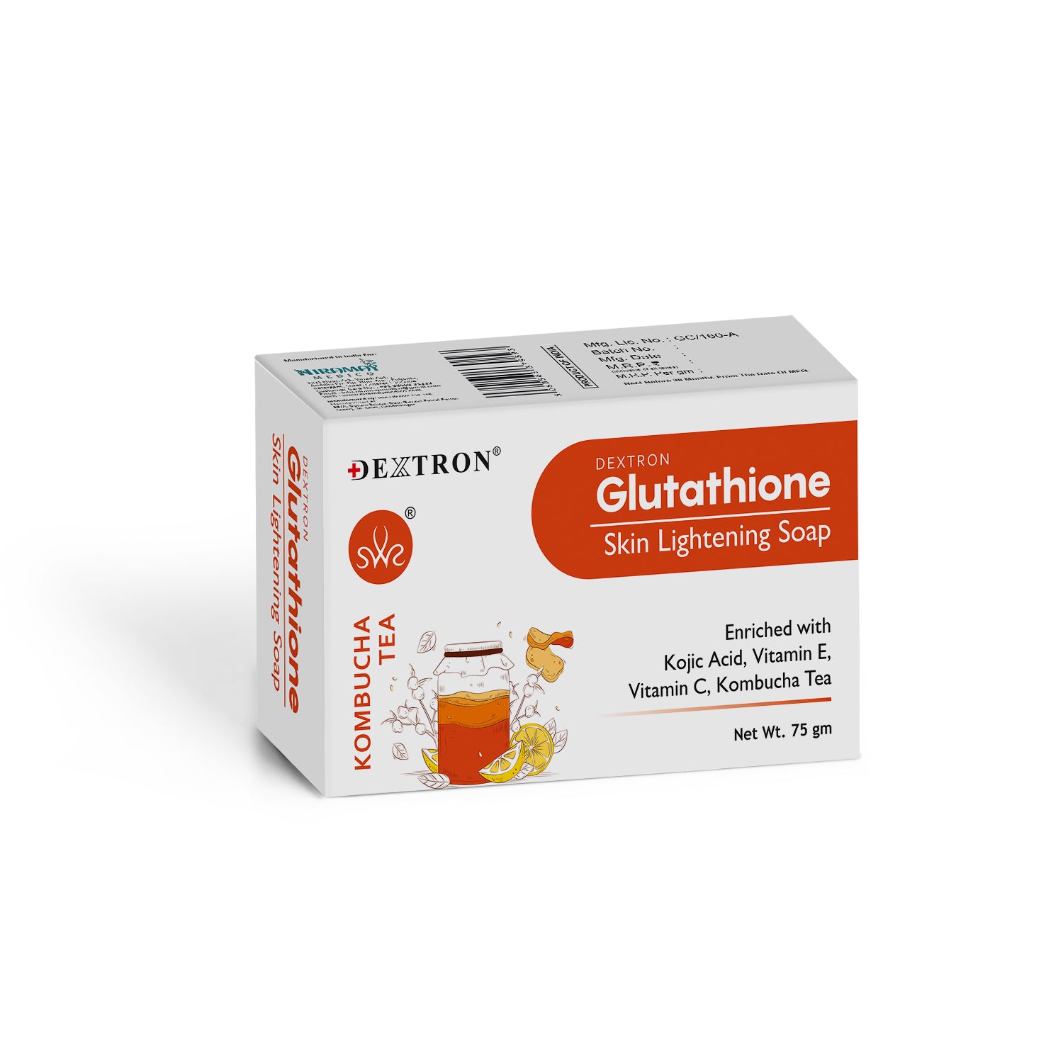 Front View of Dextron Glutathione Kombucha Tea Soap Packaging – 75gm Bar
