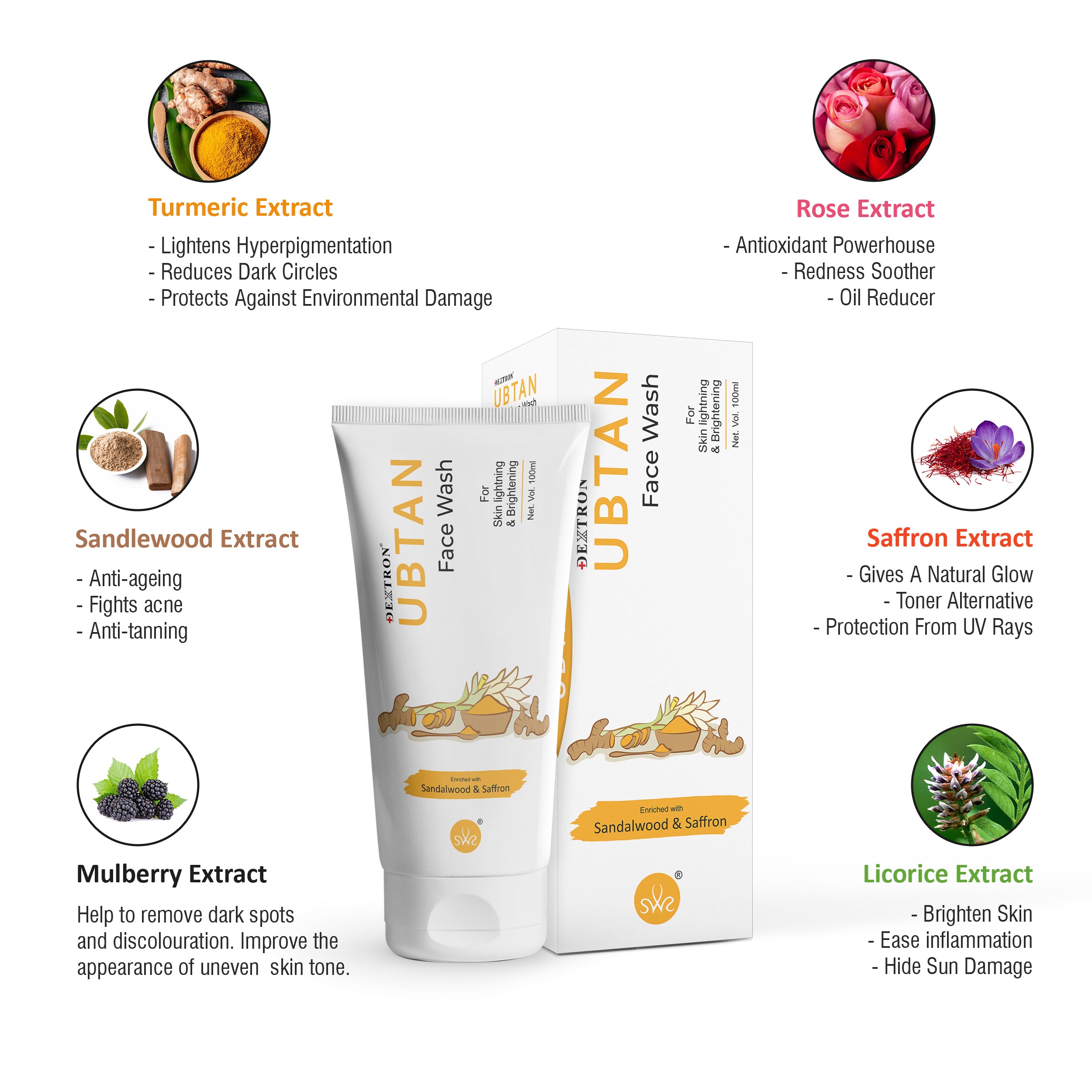 Dextron Ubtan Face Wash with Sandalwood & Saffron Skin Brightening 100ml