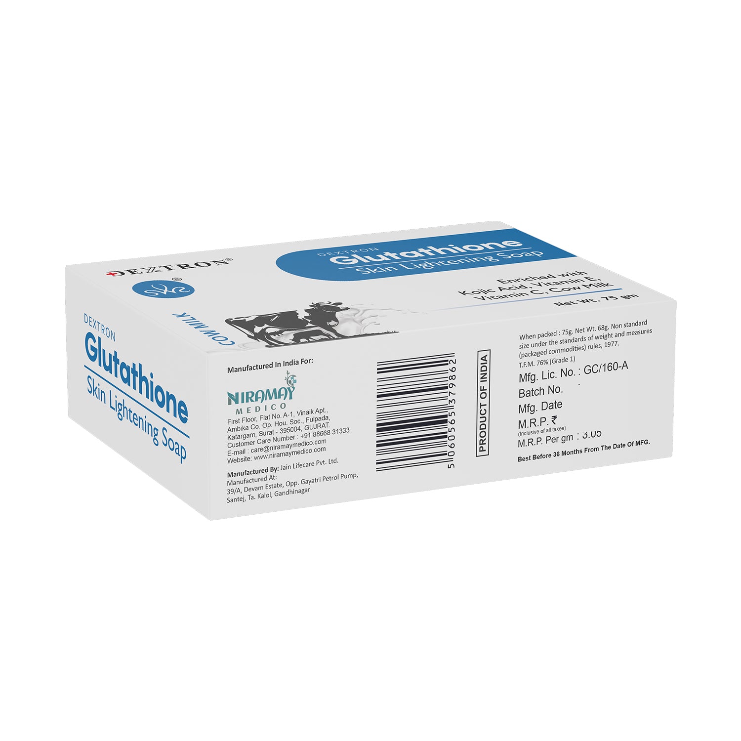 Dextron Glutathione Cow Milk Soap packaging ingredients and product details