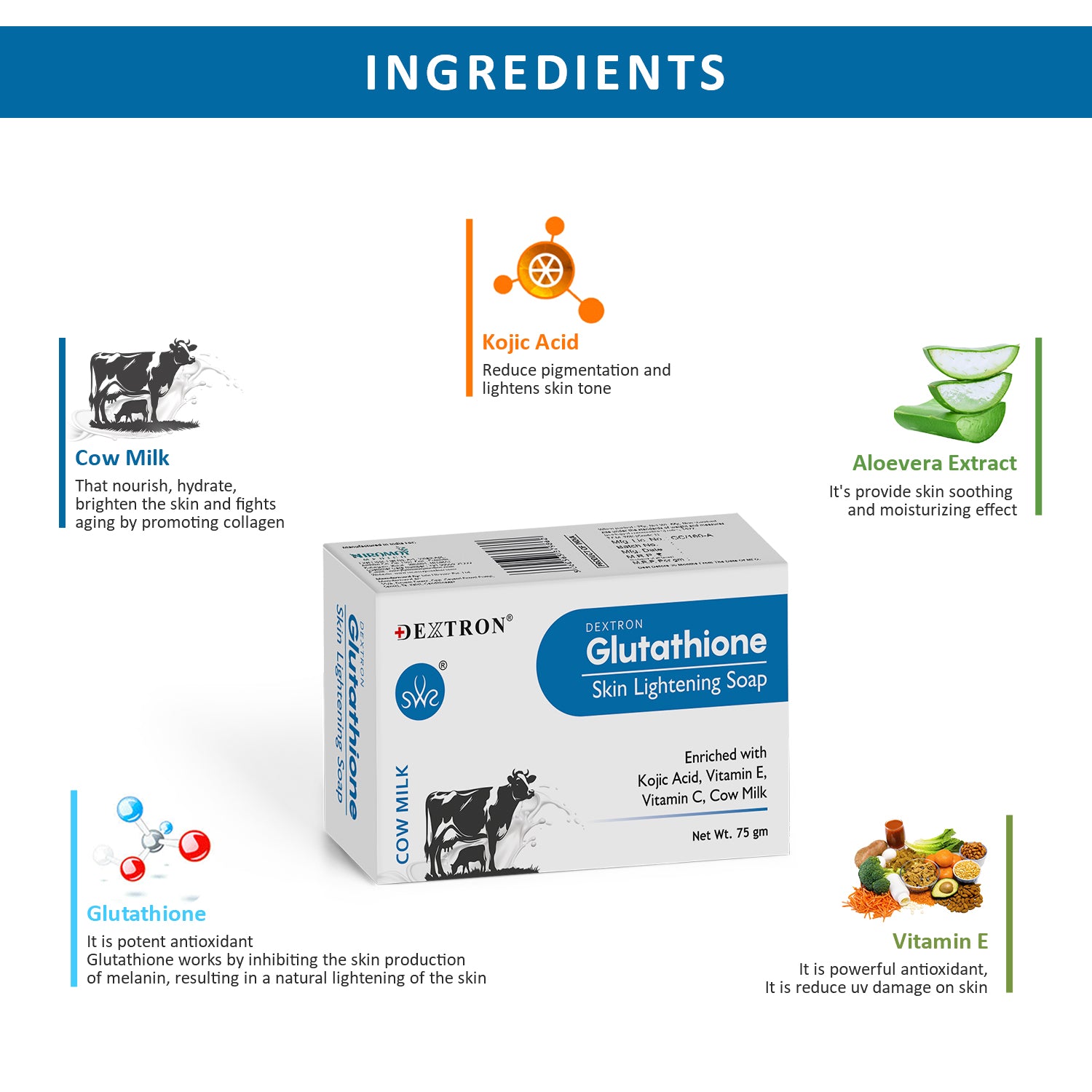 Dextron Glutathione Cow Milk Soap ingredients Kojic Acid Vitamin C Vitamin E Aloe Vera