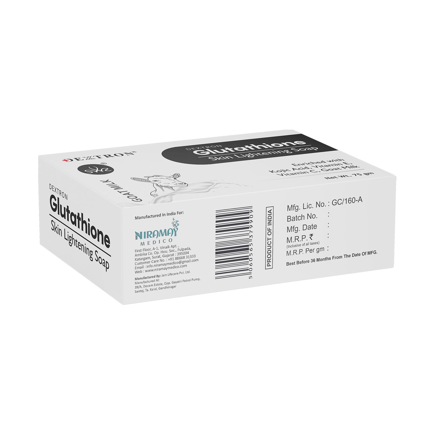 Glutathione Soap Front Angle Shot – Dextron Goat Milk Soap visual showing packaging.

