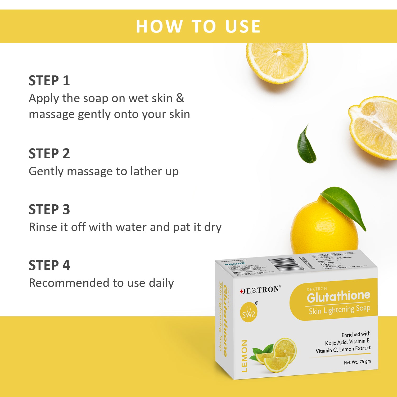 DEXTRON Glutathione Lemon Skin Lightening Soap with Kojic Acid, Vitamin C & Vitamin E – 75 gm